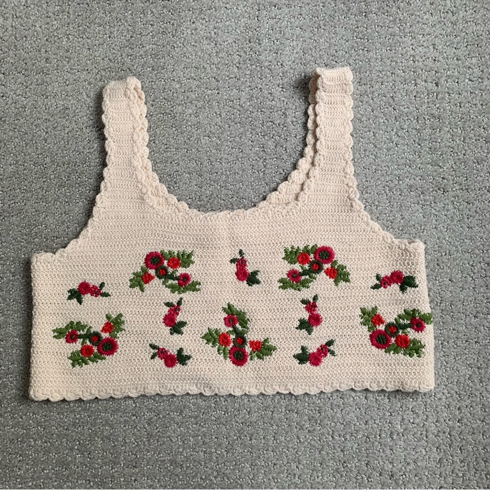Cream Crochet Embroidered Floral Crop Bra Top Shirt Granny Core Fits XS